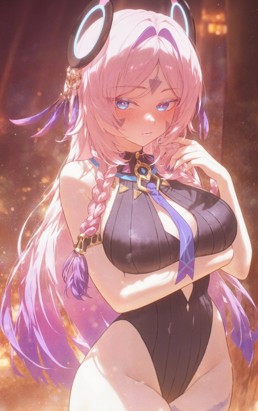 absurd_res ai_generated arm_under_breasts armlet bare_shoulders black_leotard blue_eyes blurry blurry_background blush braid breasts citlali_(genshin_impact) cleavage cleavage_cutout closed_mouth clothing_cutout covered_navel cowboy_shot facial_mark female forehead_mark genshin_impact gradient_hair groin hair_intakes hair_ornament hand_up headgear highleg highleg_leotard large_breasts leotard long_hair looking_at_viewer ministro multicolored_hair nail_polish necktie parted_bangs pink_hair purple_hair purple_nails purple_necktie solo tattoo twin_braids very_long_hair