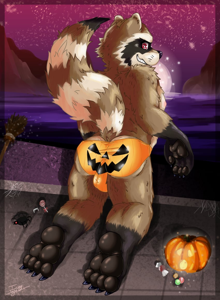 anthro arachnid arthropod brown_body brown_fur bulge candy dessert duo feet food fruit fur guardians_of_the_galaxy halloween hi_res holidays insanysage jack-o'-lantern looking_at_viewer looking_back looking_back_at_viewer male mammal markings marvel plant procyonid pumpkin pumpkin_butt raccoon raised_tail rear_view red_eyes ring_(marking) ringed_tail rocket_raccoon smile solo_focus spider striped_markings striped_tail stripes tail tail_markings