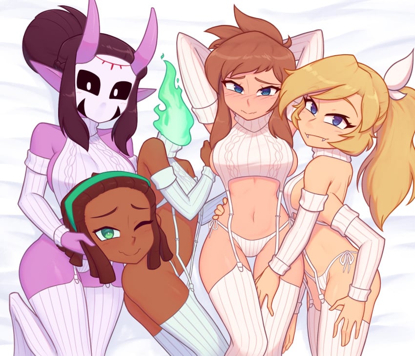 4girls a_hat_in_time aged_up alternate_costume blonde_hair blue_eyes breasts brown_hair cleavage colored_skin dark-skinned_female dark_skin demon dreadlocks dullahan extra_arms faun hat_adult hat_kid highres jade_(xyronii) kora_(xyronii) long_hair meme_attire monster_girl multiple_girls neck nelly nose original pointy_ears ponytail shirt sidelocks simple_background smile thighs virgin_destroyer_sweater xyroni