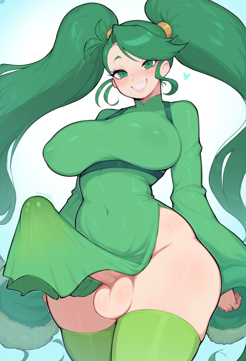 afrobull_(style) ai_generated big_breasts big_penis erection erection_under_clothes futanari green_eyes green_hair large_penis long_penis nipple_bulge thick_thighs twintails wide_hips young