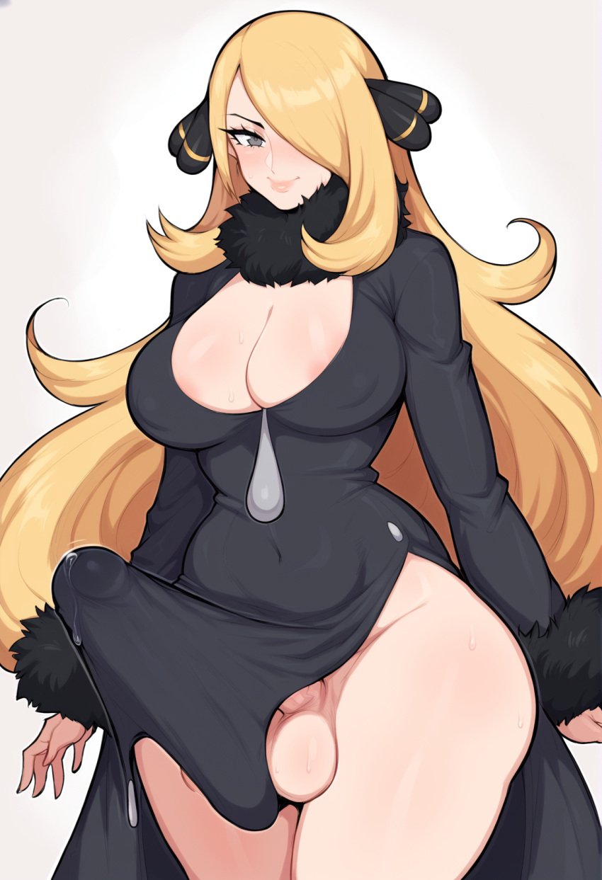 afrobull_(style) ai_generated arms_at_sides balls bangs big_breasts big_cock big_dick big_penis black_dress blonde_hair blush blushing breasts cleavage cleavage_cutout cock cynthia_(pokemon) dick dickgirl dress erection erection_under_clothes erection_under_dress futa_milf futa_mommy futa_only futanari grey_eyes hair_over_one_eye hips_wider_than_shoulders large_breasts large_penis large_thighs long_hair looking_at_viewer milf nipples penis precum precum_drip precum_through_clothing solo solo_futa solo_futanari sweat swept_bangs testicles thick_thighs thighs wide_hips