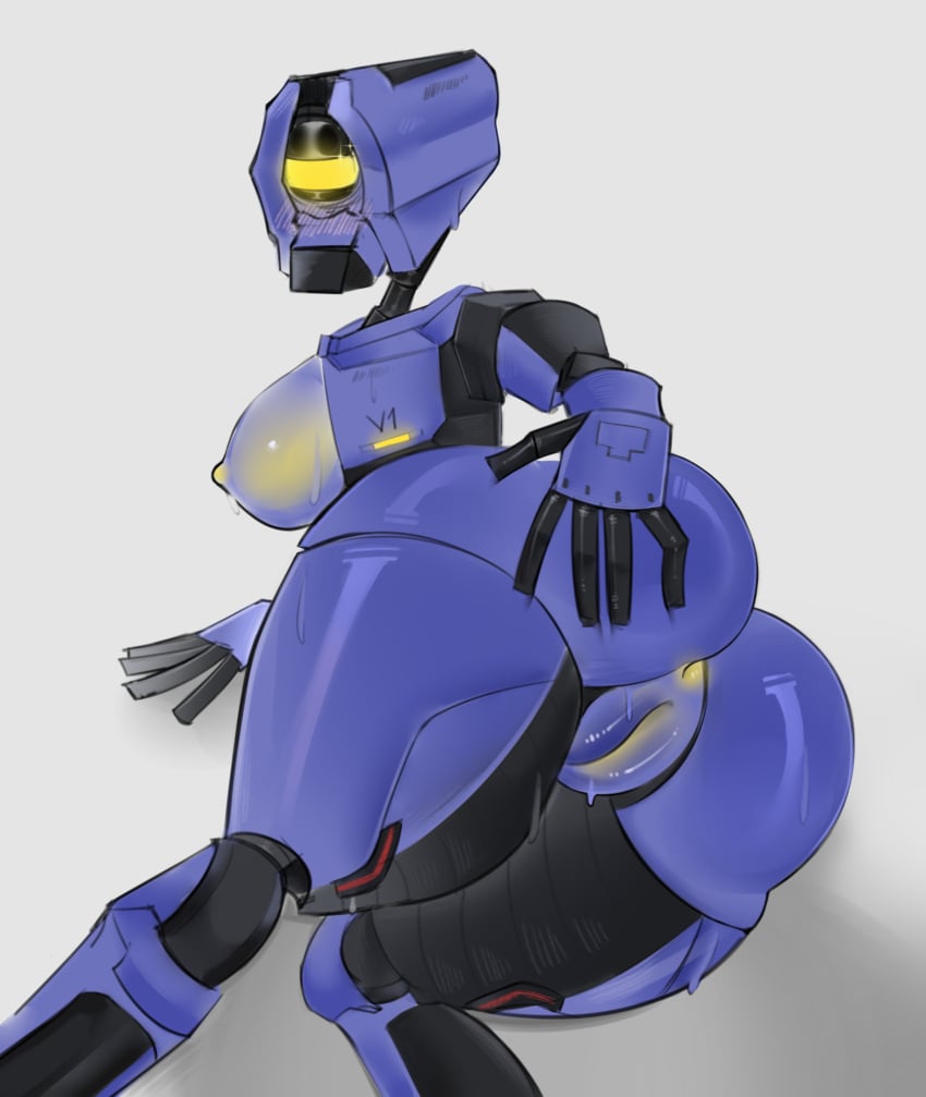 1_eye 1girls 2024 ass backboob big_ass big_breasts blush breasts female female_only hachtrukach hand_on_ass hi_res looking_back mirage_(ultrakill) overheated pussy robot robot_girl solo sweat thick_thighs thighs ultrakill