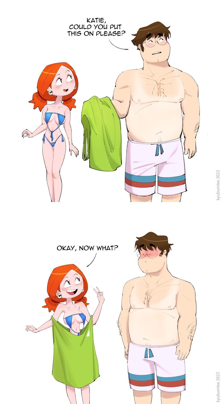 big_breasts bikini blue_bikini blue_eyes blush comic cute cute_face death_buy_lemonade freckles freckles_on_face katie_(death_buy_lemonade) kyu_bum_lee oversized_clothes oversized_shirt peace_sign red_hair romantic romantic_couple skull_earrings slender_body slim_waist upside-down_bikini white_background