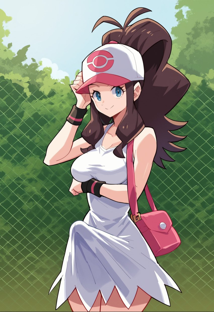 ai_generated arms_at_sides baseball_cap big_cock big_dick blue_eyes breasts brown_hair bulge bulge_through_clothing bulge_under_clothes cock dick dickgirl dress erection erection_under_clothes erection_under_dress futa_only futanari hat hilda_(pokemon) human large_penis long_hair looking_away medium_breasts penis ponytail sidelocks skinny smile solo solo_futa solo_futanari thighs thin_waist white_dress