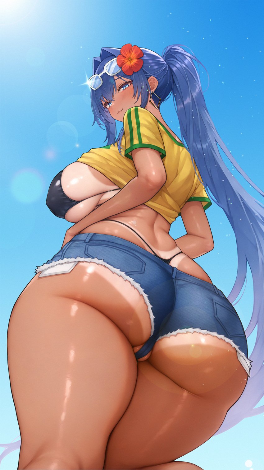 1girls ass azur_lane blue_eyes blue_hair booty_shorts brazilian_miku_(cosplay) breasts dat_ass eagle_union_(azur_lane) erufura female hatsune_miku_(cosplay) hi_res huge_ass huge_breasts long_hair low-angle_view new_jersey_(azur_lane) short_shorts shorts tan tan-skinned_female tanline tanlines tanned_skin thick_thighs