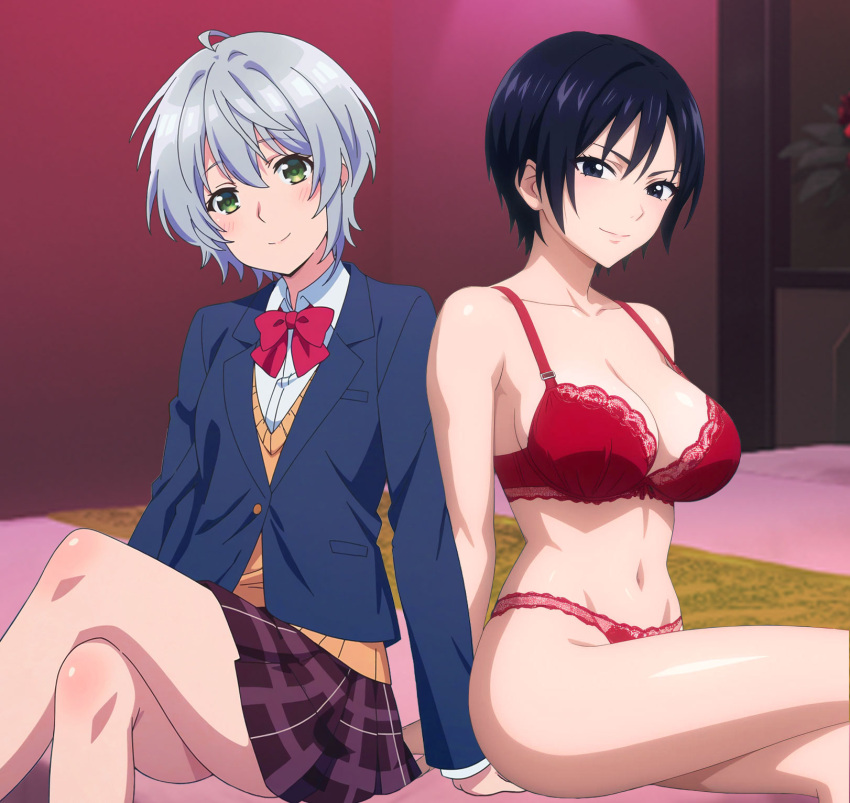 2girls bare_legs bedroom cleavage large_breasts leaning_back looking_at_viewer medium_breasts red_bra red_panties school_uniform short_hair silver_hair sitting