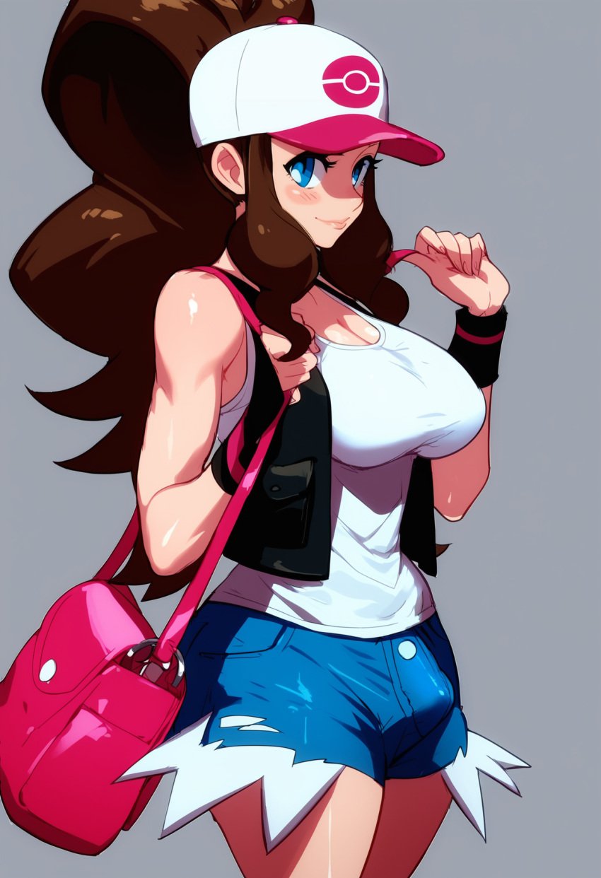 ai_generated brown_hair bulge bulge_through_clothing fit futanari hilda_(pokemon) long_hair