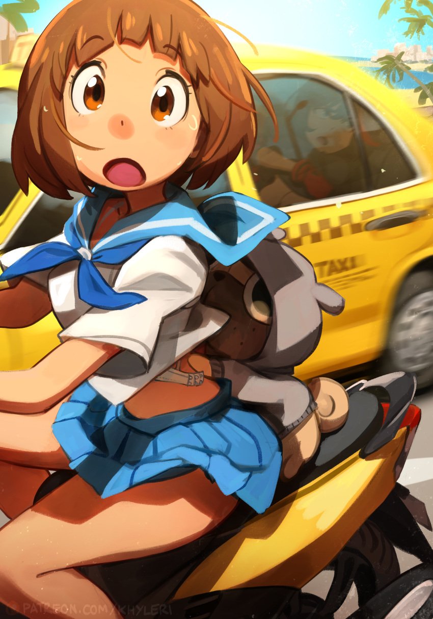 1boy 2girl bare_belly big_breasts bike black_hair bra brown_eyes brown_hair canine car detailed_background domestic_dog exposed_breasts guts_(kill_la_kill) khyleri kill_la_kill looking_at_viewer looking_back mankanshoku_mako matoi_ryuuko medium_hair no_nude open_mouth payment_in_kind presenting_breasts road school_uniform schoolgirl senketsu serafuku sweatdrop taxi tights two_tone_hair vehicle