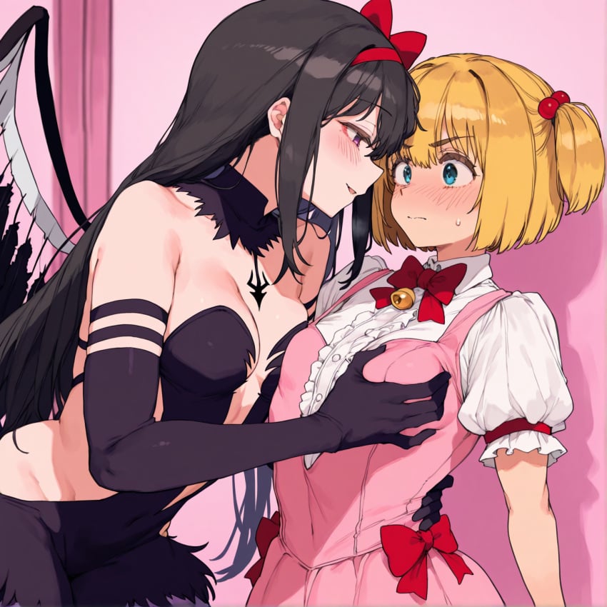 ai_generated akemi_homura akuma_homura armin_arlert assertive_female attack_on_titan black_dress blush clothed_female_clothed_male dominant_female embarrassed femboy grin groping imminent_rape imminent_sex madoka_kaname_(cosplay) pervert pervert_female pink_dress puella_magi_madoka_magica scared sexual_assault sexual_harassment taller_girl trap