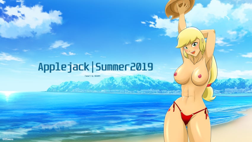 1girls abs applejack_(eg) applejack_(mlp) areolae beach bikini_bottom blonde_hair boobieboom breasts cowboy_hat equestria_girls female female_only freckles friendship_is_magic green_eyes hasbro my_little_pony nipples red_bikini red_bikini_bottom solo solo_female stetson topless topless_female wallpaper