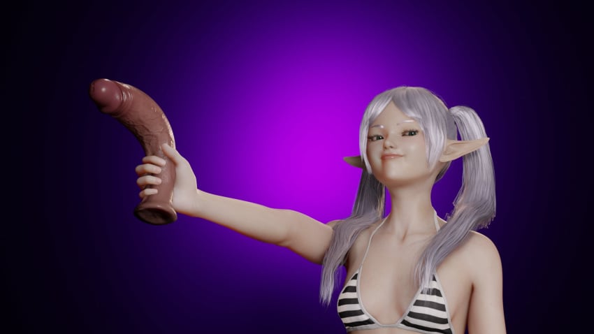 3d 3d_(artwork) bikini_top dildo doomfella elf elf_ears elf_female elf_girl female female_focus female_only frieren frieren_beyond_journey's_end holding_object light-skinned_female looking_at_viewer purple_background simple_background smug_face stripes twin_pigtails white_hair