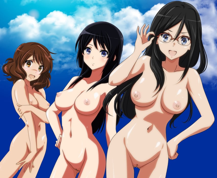 3girls adjusting_glasses black_hair blue_eyes blush breasts brown_eyes brown_hair gentoku glasses hand_on_hip hibike!_euphonium highres kousaka_reina long_hair looking_at_viewer multiple_girls nipples nude oumae_kumiko over-rim_glasses purple_eyes pussy red-framed_glasses semi-rimless_glasses smile tanaka_asuka thigh_gap uncensored