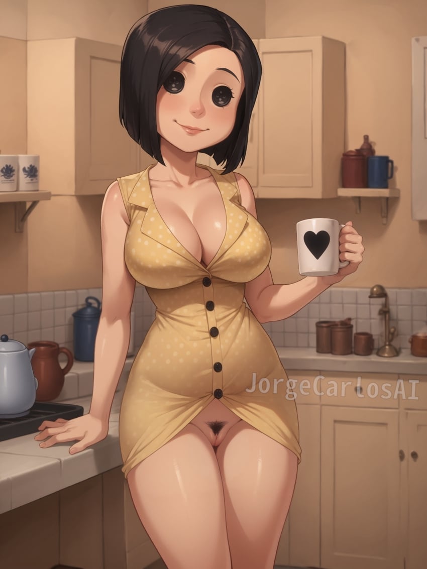 ai_generated big_breasts big_breasts big_breasts black_hair black_pubic_hair breasts breasts breasts button_eyes buttons cleavage coffee coffee_cup coffee_mug coraline jorgecarlosai kitchen mature mature_female mature_woman milf mommy mommy_kink mother motherly other_mother pubic_hair pussy short_hair smile standing vagina watermark