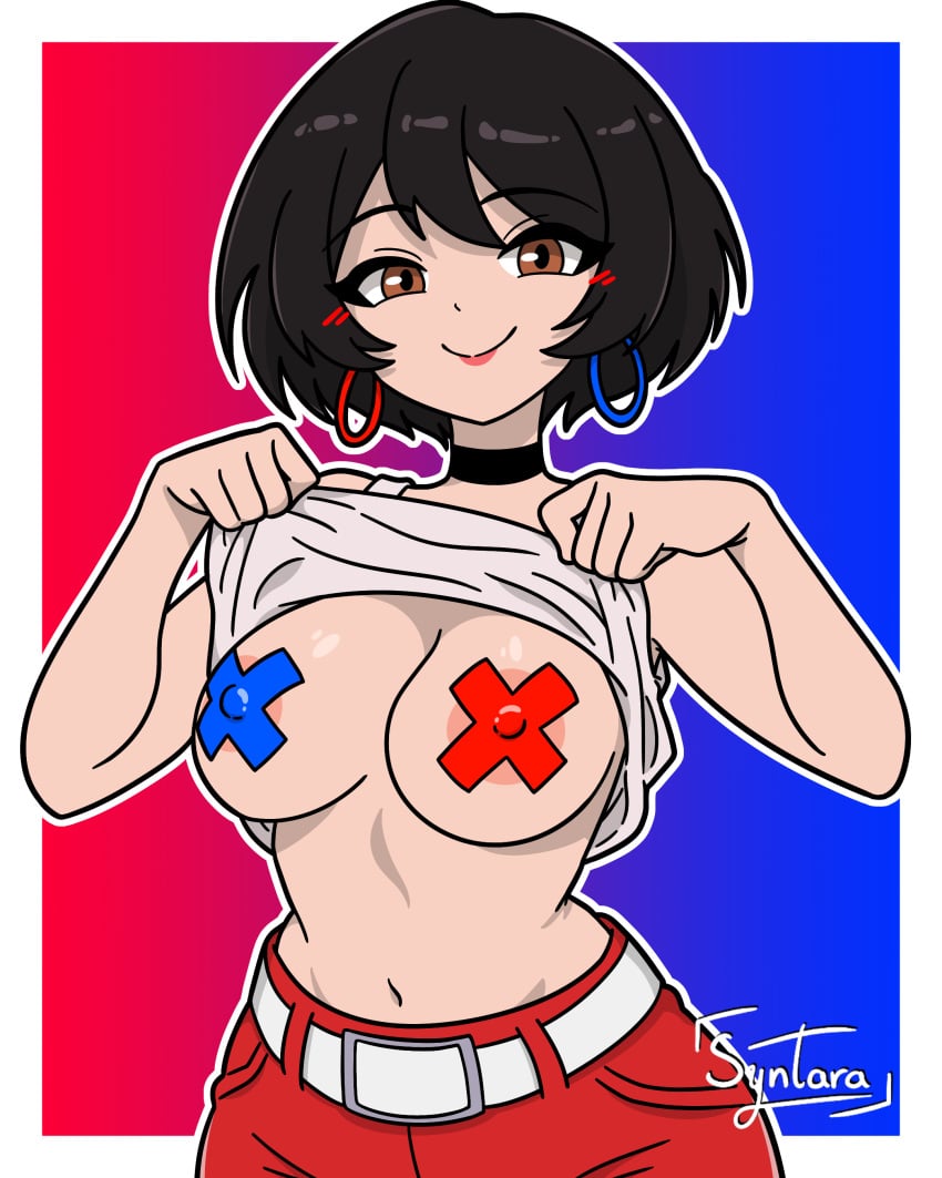 2d 2d_(artwork) belt black_hair blush brown_eyes choker earrings evie_(fortnite) fortnite fortnite:_battle_royale iamsyntara lipstick looking_at_viewer medium_breasts pasties red_pants simple_background simple_shading smiling tank_top_lift