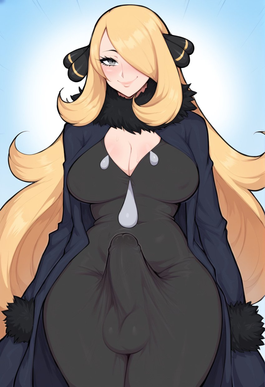 afrobull_(style) ai_generated blonde_hair bulge cynthia_(pokemon) futanari grey_eyes large_breasts large_penis long_hair wide_hips