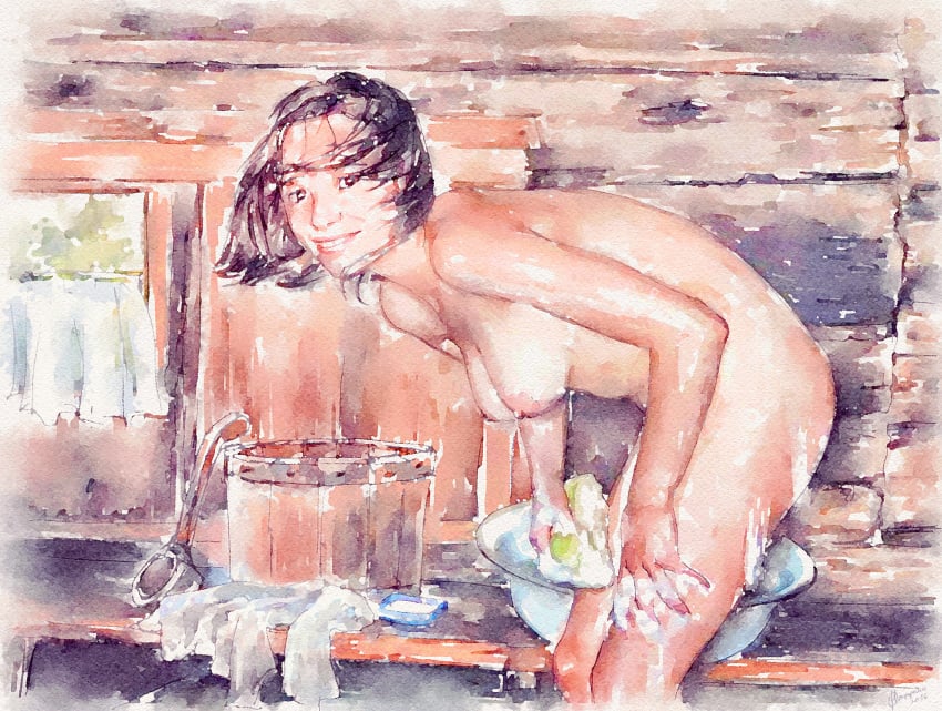 1girls bath countryside dark_hair gare_desad medium_breasts nonsexual_nudity painting_(artwork) tan-skinned_female tan_skin young