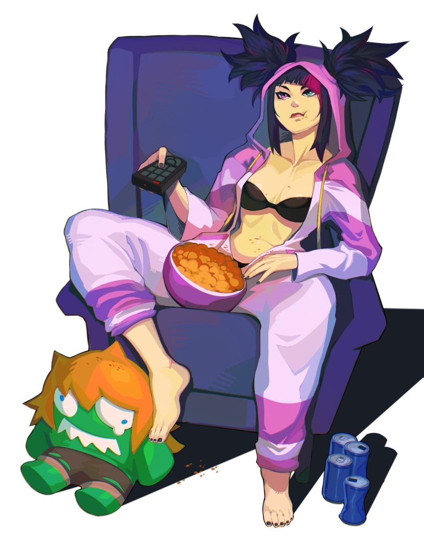 black_bra black_hair bra chair estyy juri_han onesie pajamas pyjamas street_fighter street_fighter_6