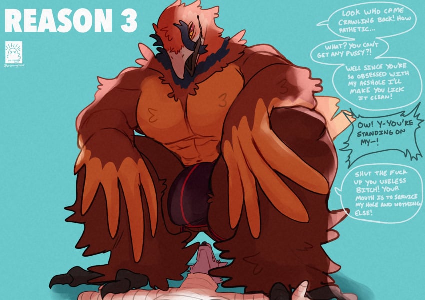 accipitrid accipitriform anthro avian beak bearded_vulture bird canid canine canis clothing crouching dialogue drstrangeluvve duo english_text feet full_body_cast gosskett hi_res imminent_facesitting jockstrap looking_down_at_partner male male/male mammal old_world_vulture profanity size_difference speech_bubble talons text toes underwear vulture winged_arms wings wolf