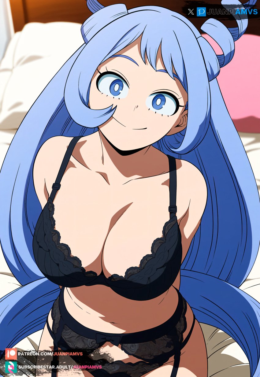 ai_generated bed big_breasts black_lingerie blue_eyes blue_hair boku_no_hero_academia curvy hadou_nejire juanpiamvs lingerie lingerie_only long_hair looking_at_viewer my_hero_academia nejire_hado on_bed patreon patreon_username sitting_on_bed solo subscribestar subscribestar_username watermark