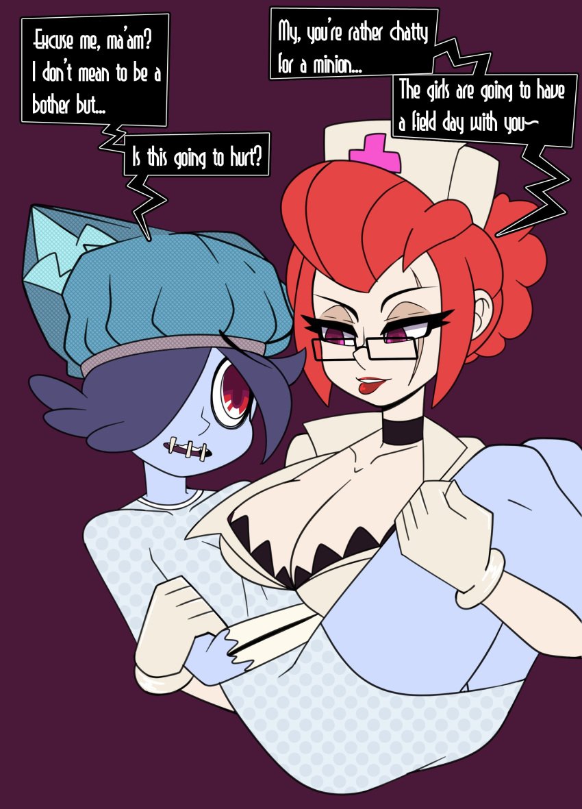 carrying_person christmas_(skullgirls) glasses gloves hospital_gown jomokin latex_gloves leviathan_(skullgirls) nurse nurse_cap scar_over_eye skullgirls speech_bubble squigly zombie