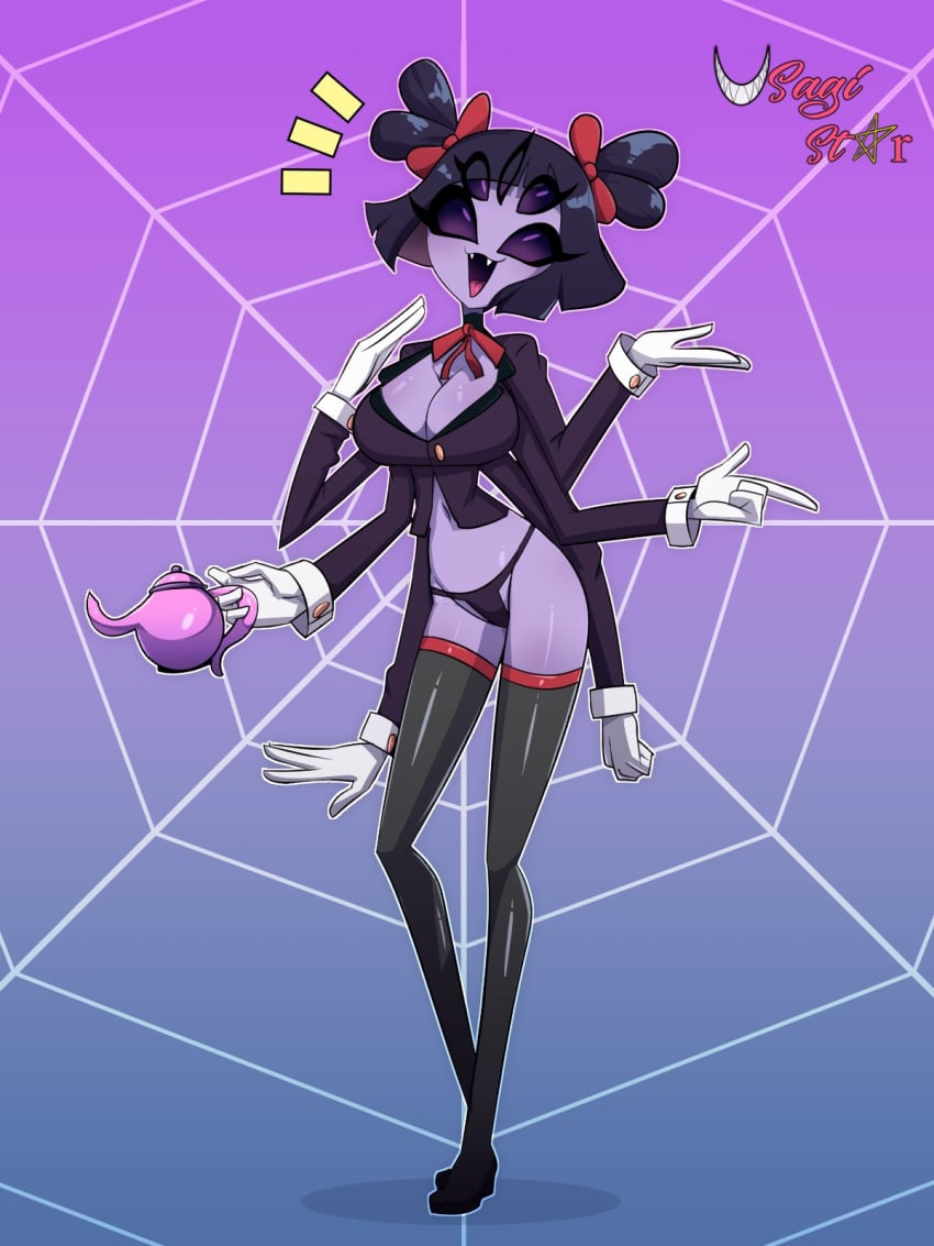 1girls 5_eyes anthro big_breasts female gloves high_heels latex latex_thighhighs long_arms long_legs long_sleeves looking_at_viewer monster_girl muffet panties ribbon smiling smiling_at_viewer solo spider_girl spider_web undertale undertale_(series) usagi_star white_gloves