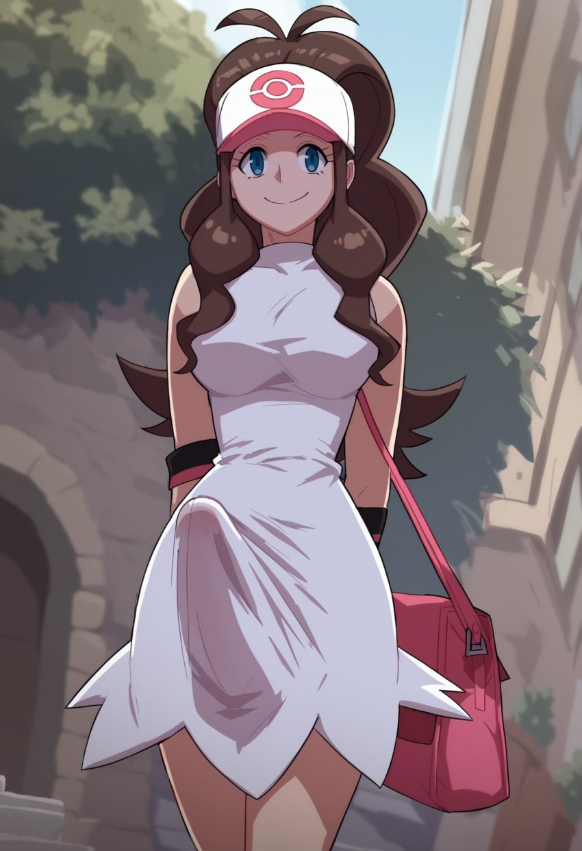 ai_generated brown_hair erection erection_under_clothes futanari hilda_(pokemon) large_penis long_hair medium_breasts penis skinny smile thin_waist white_dress