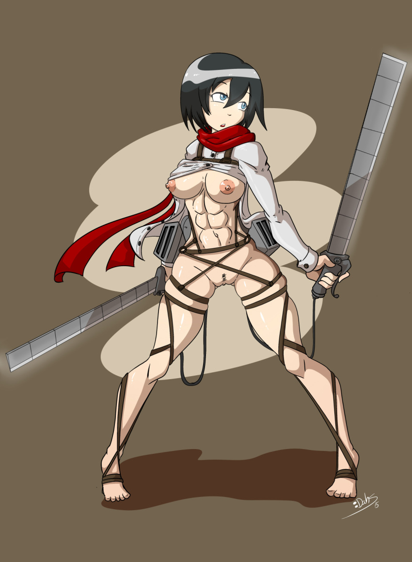 1girls 2015 abs attack_on_titan barefoot black_hair blue_eyes bottomless breasts dahs dual_wielding female female_only looking_at_viewer mikasa_ackerman muscular muscular_female nipples open_mouth pubic_hair pussy scarf shiny shiny_hair shirt shirt_lift short_hair simple_background solo suspenders sword three-dimensional_maneuver_gear toned weapon white_shirt