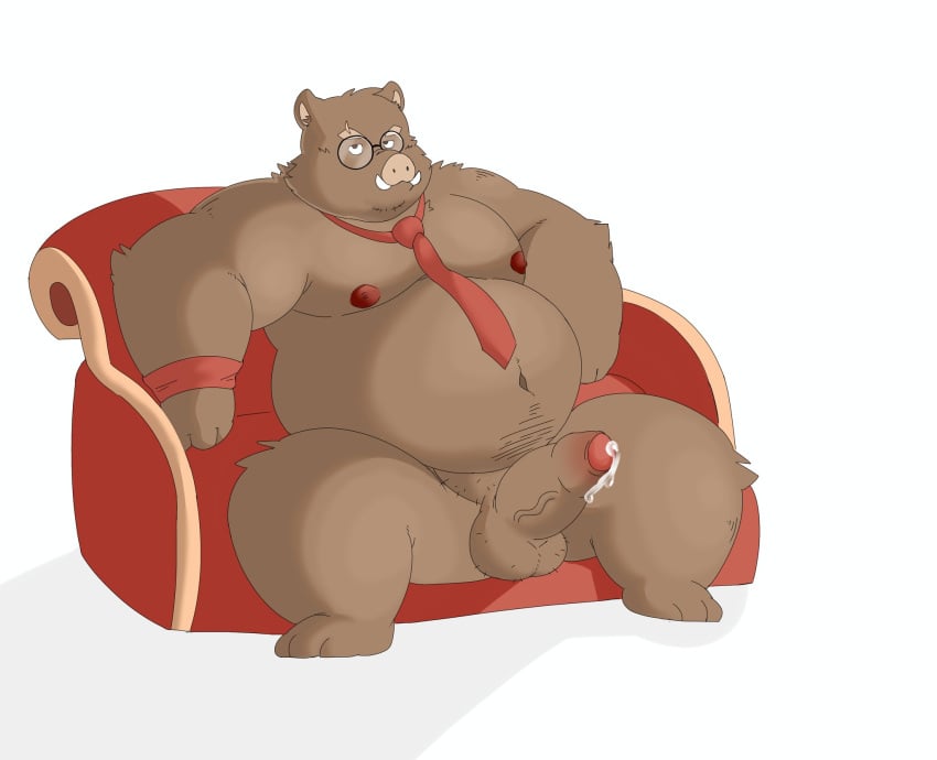 2025 anthro balls belly big_belly brown_body erection eyewear genitals givemepudding3 glasses hi_res kemono male mammal moobs nipples overweight overweight_male penis simple_background sitting solo suid suine sus_(pig) wild_boar