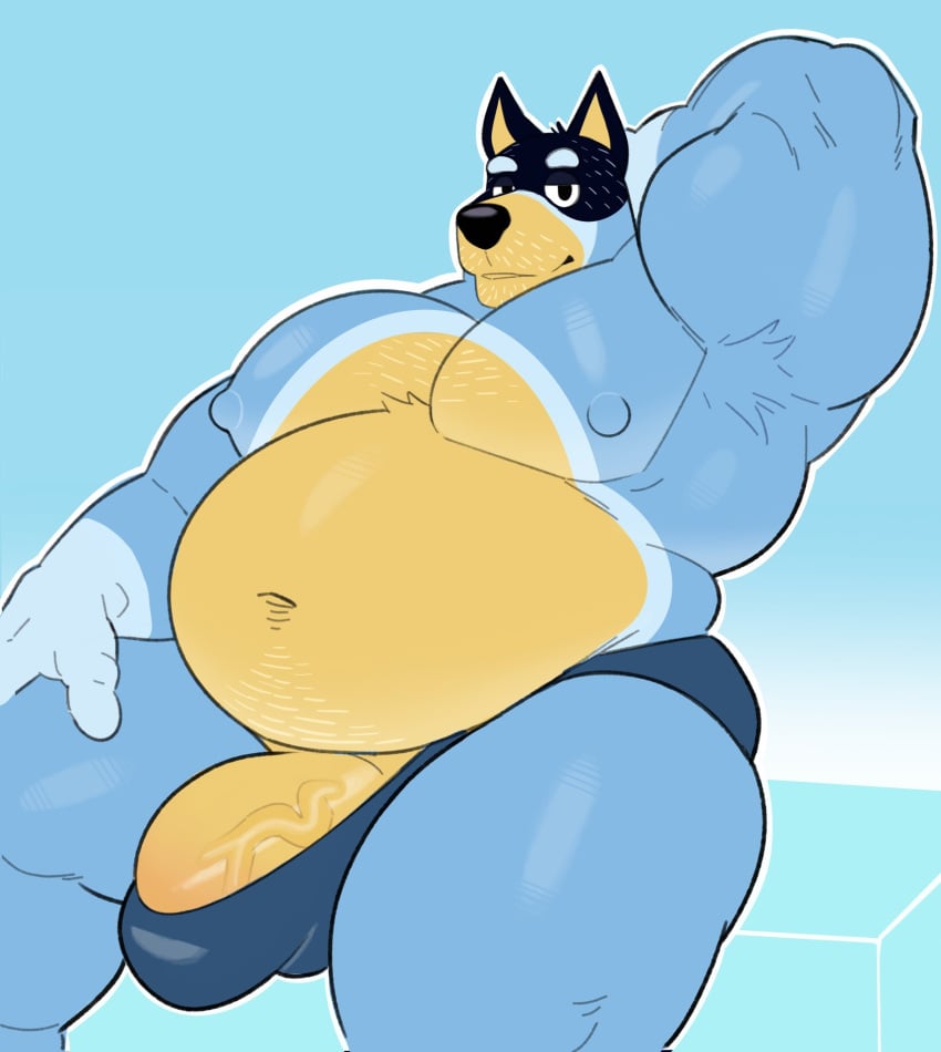 2025 anthro armpit_hair australian_cattle_dog bandit_heeler barazoku bedroom_eyes belly belly_overhang biceps big_belly big_bulge big_muscles big_penis blue_background bluey_(series) body_hair bulge canid canine canis cattledog clothed clothing domestic_dog erection erection_under_clothing eyebrows fur genitals hand_behind_head herding_dog hi_res huge_belly huge_bulge huge_cock huge_muscles humanoid_genitalia humanoid_penis ineffective_clothing looking_at_viewer love_handles male mammal milkblend musclegut muscular muscular_anthro muscular_male narrowed_eyes navel nipples overweight overweight_anthro overweight_male pastoral_dog pecs penis penis_base seductive simple_background sitting smile solo speedo swimwear thick_arms thick_thighs topless topless_anthro topless_male tuft vein