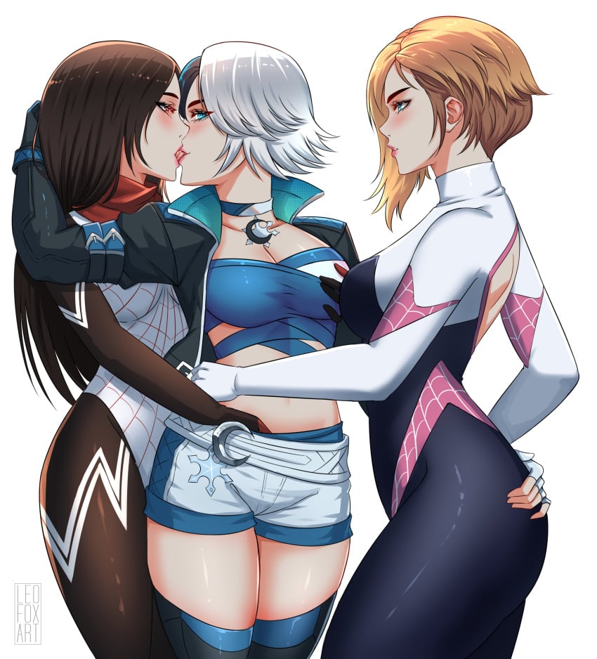 3girls cindy_moon clothed female female_only gwen_stacy hand_down_pants hand_on_breast hand_on_butt hand_on_waist kissing leofoxart luna_snow luna_snow_(marvel_rivals) marvel marvel_rivals saliva silk_(marvel) spider-gwen tongue_kiss yuri