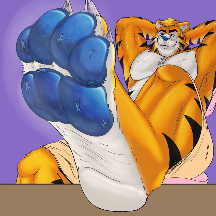 1:1 4_toes anthro claws extreme_size_difference feet foot_fetish foot_focus foot_play frosted_flakes group hi_res hos0404 kellogg's male male/male mascot micro musk nude pawpads paws size_difference soles steam stuck_to_foot toe_claws toes tony_the_tiger wrinkled_feet wrinkles