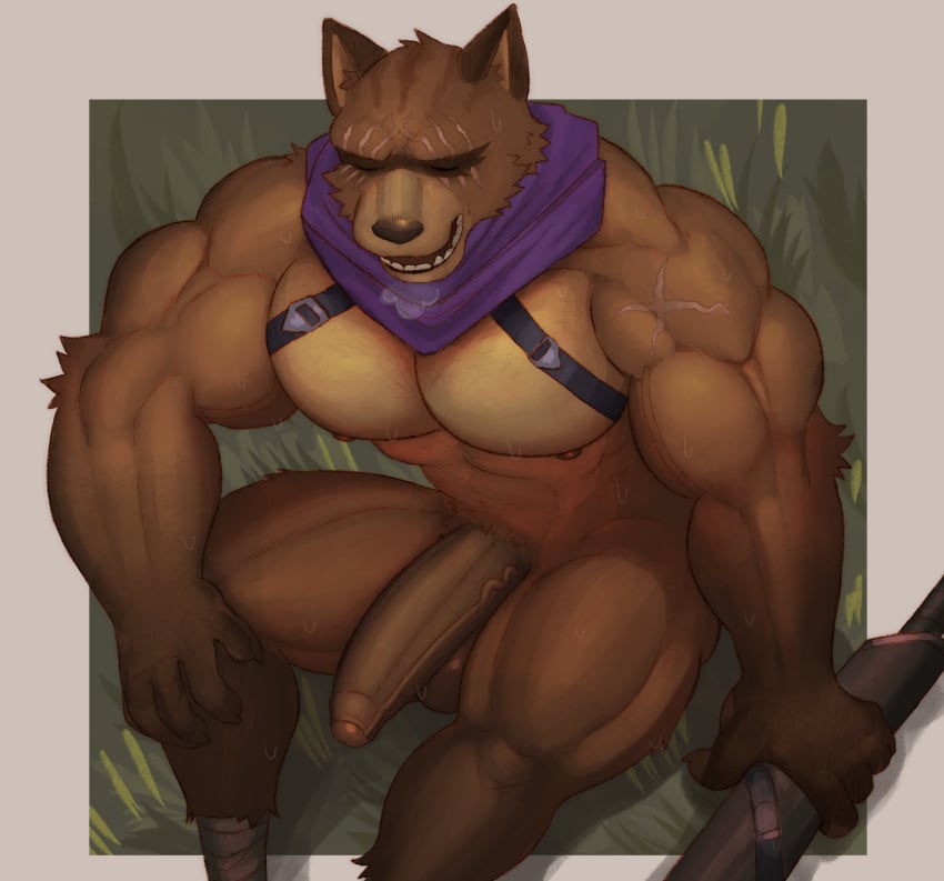 2024 abs anthro balls barazoku biceps big_muscles big_penis bodily_fluids border canid canine closed_eyes deltoids epic_games erection fleshformomo foreskin fortnite fur genitals glans grass grey_border hajime_(fortnite) hi_res high-angle_view holding_melee_weapon holding_object holding_sword holding_weapon huge_cock huge_muscles humanoid_genitalia humanoid_penis kerchief leg_wrap male mammal melee_weapon muscular muscular_anthro muscular_male neckerchief neckwear nipples nude open_mouth open_smile outside pecs penis plant raccoon_dog scar sitting smile solo sweat sword tanuki thick_arms thick_penis thick_thighs tuft unretracted_foreskin vein weapon