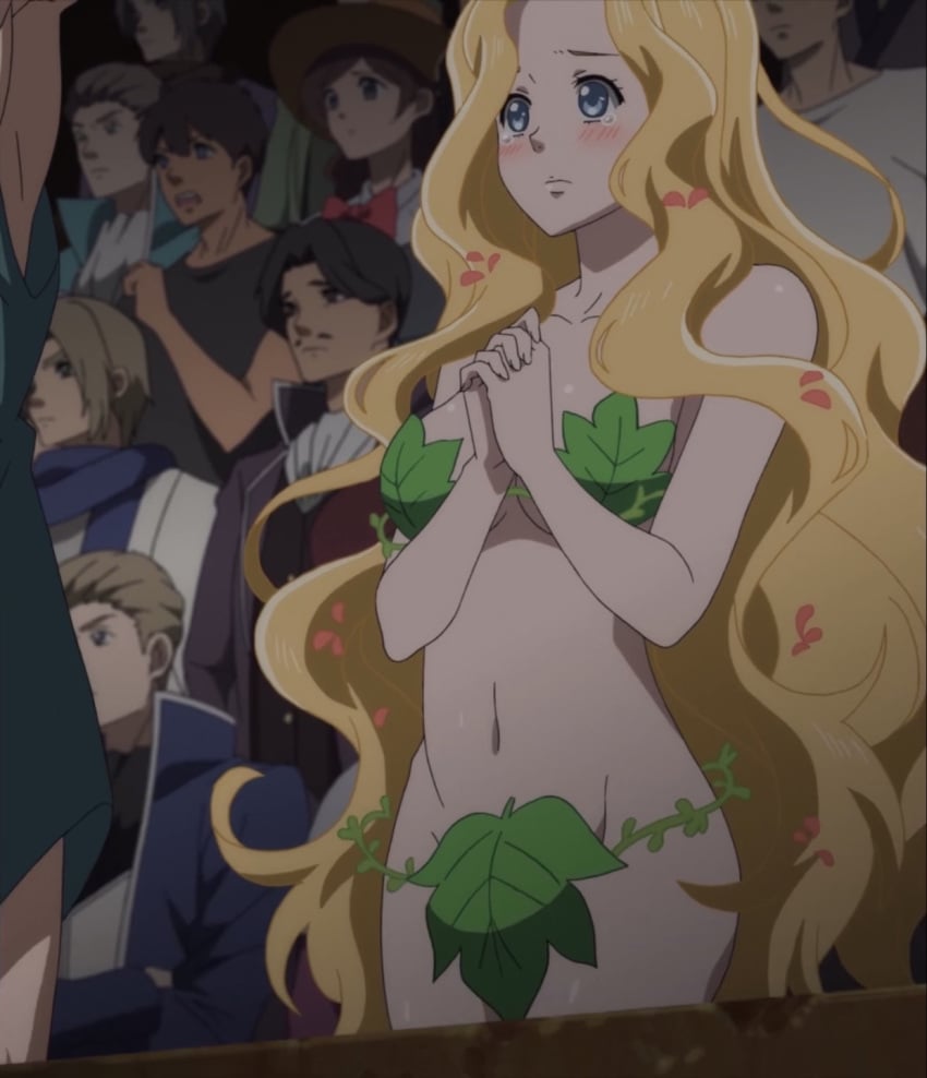 beautiful belly_button bikini blonde_hair blush cropped_image eve_(record_of_ragnarok) eve_(shuumatsu_no_valkyrie) fig_leaf human leaf_bikini long_hair nude record_of_ragnarok screencap shuumatsu_no_valkyrie