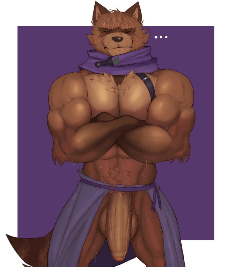 2025 abs anthro balls barazoku biceps big_balls big_muscles big_penis bodily_fluids border canid canine closed_eyes clothed clothing crossed_arms deltoids dripping ellipsis epic_games flaccid fleshformomo foreskin fortnite front_view frown fur genitals glans hajime_(fortnite) hi_res huge_balls huge_cock huge_muscles humanoid_genitalia humanoid_penis kerchief long_penis male mammal muscular muscular_anthro muscular_male navel neckerchief neckwear open_bottomwear open_clothing pecs penis pubes purple_background raccoon_dog scar simple_background solo standing straps sweat tanuki thick_arms thick_penis topless topless_anthro topless_male tuft unretracted_foreskin vein white_border