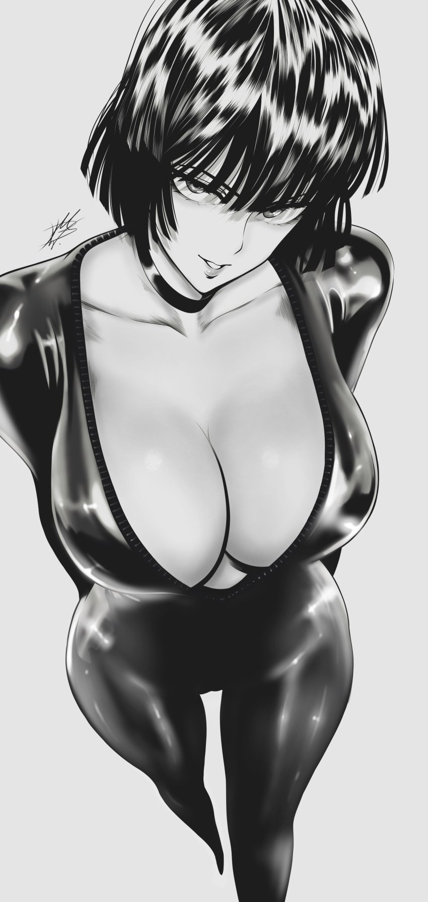 1girls big_breasts black_hair clothed clothing color female female_focus female_only fubuki_(one-punch_man) hi_res large_breasts latex latex_suit light-skinned_female light_skin looking_at_viewer mostlybluewyatt no_bra one-punch_man short_hair solo solo_female tagme thick_thighs