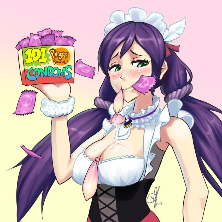 1girls 2015 alternate_costume blush box breasts cleavage clothed clothing condom condom_box condom_in_mouth condom_wrapper corset cum cum_on_body cum_on_breasts cum_on_upper_body detached_collar enmaided erect_nipples eyelashes feathers female filled_condom green_eyes hair_feathers highres large_breasts long_hair love_live! love_live!_school_idol_project low_twintails maid maid_headdress mouth_hold naughty_face pingas purple_hair scrunchie signature sleeveless smile smug smug_smile solo tied_hair toujou_nozomi triple-q twintails used_condom