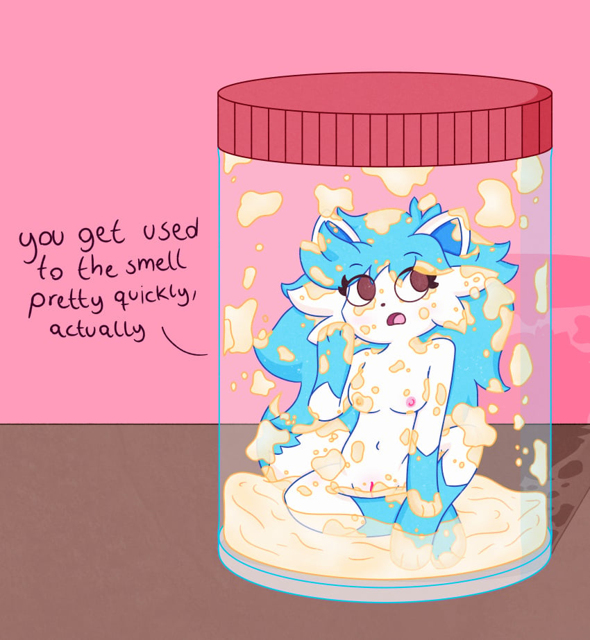 absurd_res anthro blue_hair bodily_fluids canid canine colored_cum container cum cum_covered cum_flooding cum_in_container cumjar excessive_cum excessive_genital_fluids female fox genital_fluids genitals glass glass_container hair hi_res hyper hyper_cum in_container in_jar inside jar mammal meme messy micro mimi_noooo nipples nude pony_cum_jar_project pussy solo swimming_in_cum text unusual_bodily_fluids unusual_cum unusual_genital_fluids yellow_cum