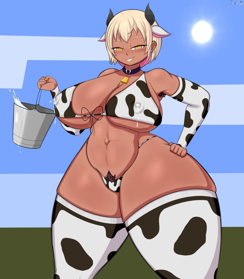 2025 armpit_hair armwear big_breasts blonde_hair breasts brown_pubic_hair bucket collar cow_bikini cow_ears cow_girl cow_horns cow_print cowkini dannyiac ear_piercing earrings freckles gyaru holding_object huge_breasts jidori_(jcdr) lactating lactation lipstick looking_at_viewer original original_character painted_nails pink_hair pubes pubic_hair thick_thighs thighhighs thighs virtual_youtuber vtuber yellow_eyes