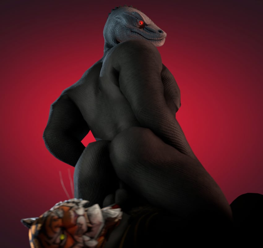 anthro backsack balls butt_in_face duo epic_games felid feline fortnite genitals hi_res lion male male/male mammal muscular oscar_(fortnite) pantherine reptile scalie skootroot thunder_(fortnite)