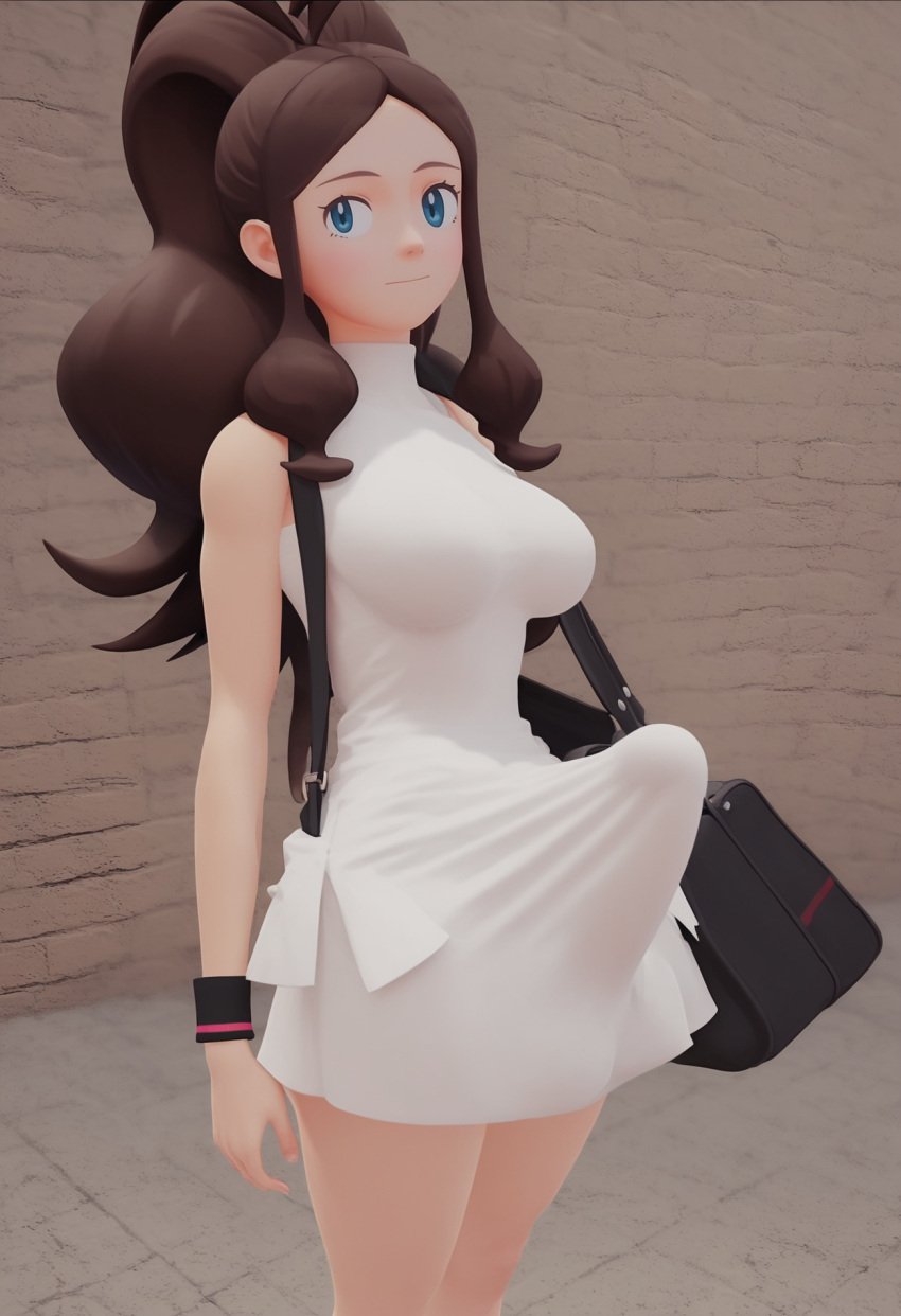 ai_generated brown_hair erection erection_under_clothes futanari hilda_(pokemon) huge_cock huge_cock large_penis long_hair looking_away medium_breasts penis skinny thin_waist white_dress