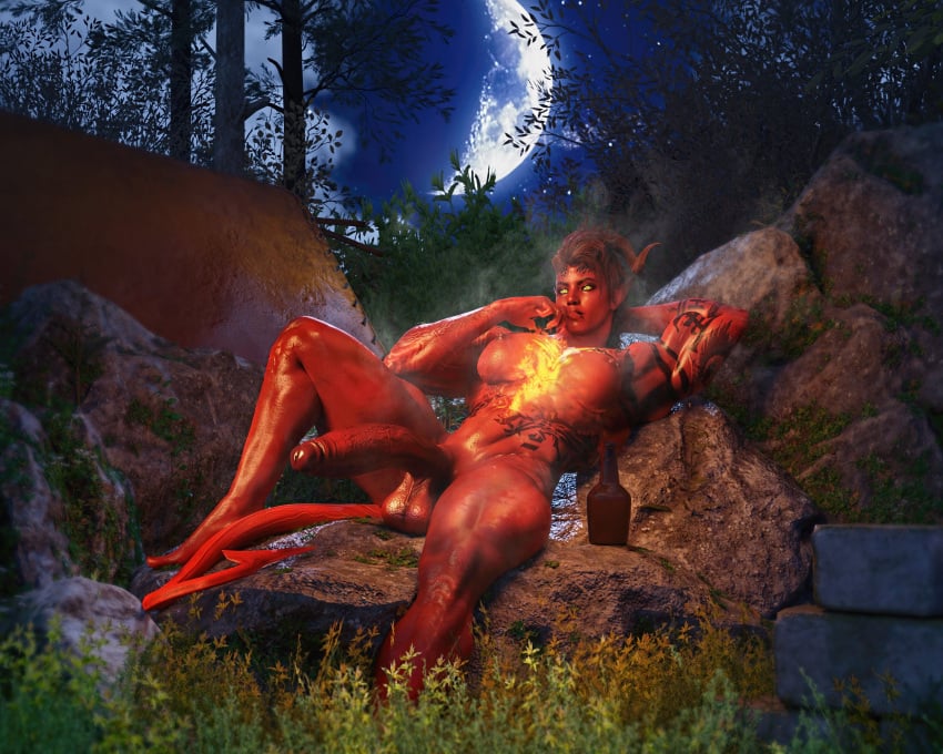 1futa 3d abs baldur's_gate_3 breasts demon_horns demon_tail forest_background futanari horns huge_cock karlach moon nude nude_futanari penis red_body red_skin rock tail yellow_eyes yungscumbag