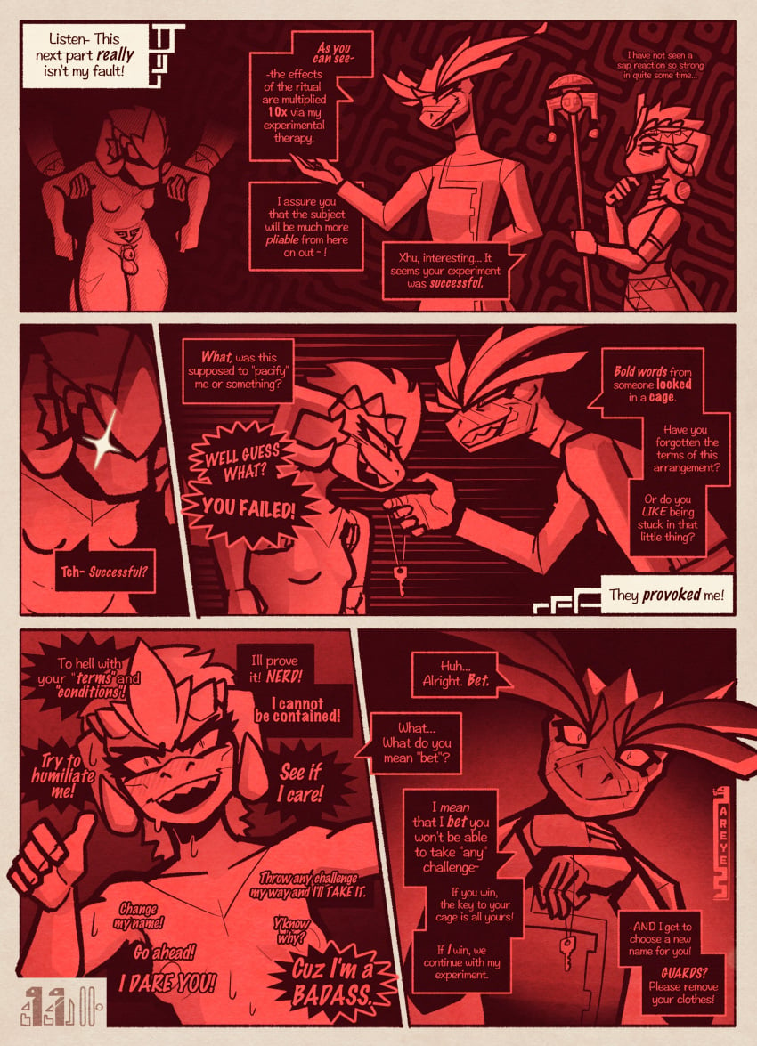 absurd_res anthro areye areye_(artist) argonian argument bodily_fluids breasts challenge_accepted challenge_bet chastity_cage chastity_device chastity_key comic confident english_text eyeshadow female gesture guard gynomorph hand_gesture helping hi_res intersex makeup male microsoft moobs motion_lines pattern_background pointing pointing_at_self quivers-for-arrows scalie scientist simple_background simple_coloring small_breasts staff sweat text the_elder_scrolls