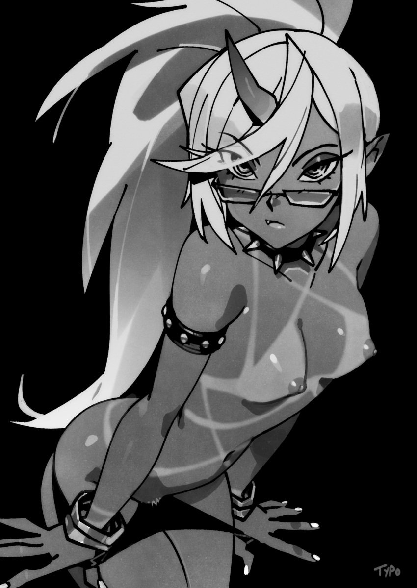 armlet black_background bracelet breasts collar fang_out female glasses highres horns jewelry kneesocks_(psg) kneesocks_daemon long_hair looking_at_viewer monochrome oerba_yun_fang optionaltypo panties panty_&_stocking_with_garterbelt panty_pull simple_background single_horn solo spiked_collar spikes tan tanlines underwear