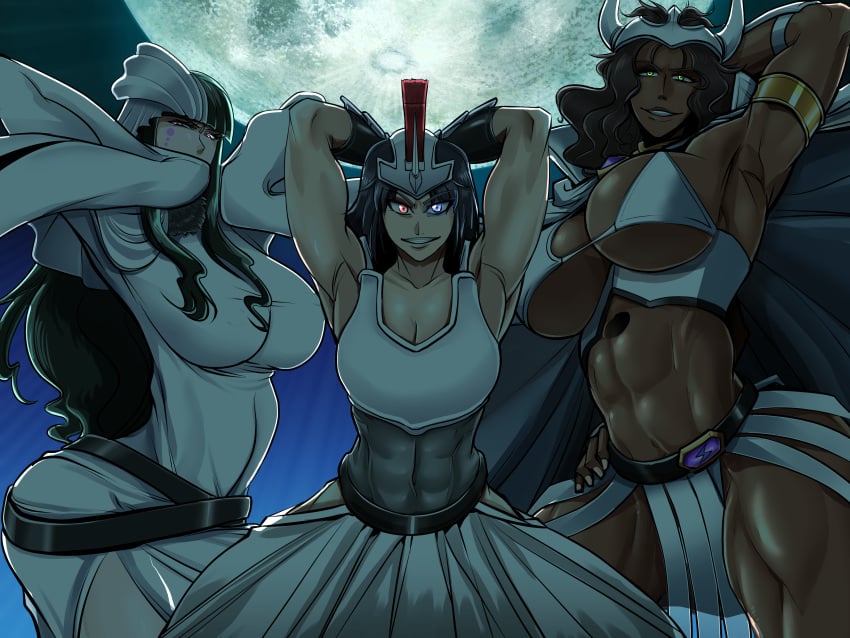 3girls alternate_version_available arrancar bleach cyan_sung-sun emilou_apacci flexing franceska_mila_rose heterochromia horn horned_female large_breasts long_hair looking_at_viewer mila_rose moon muscular_female posing そゆーず