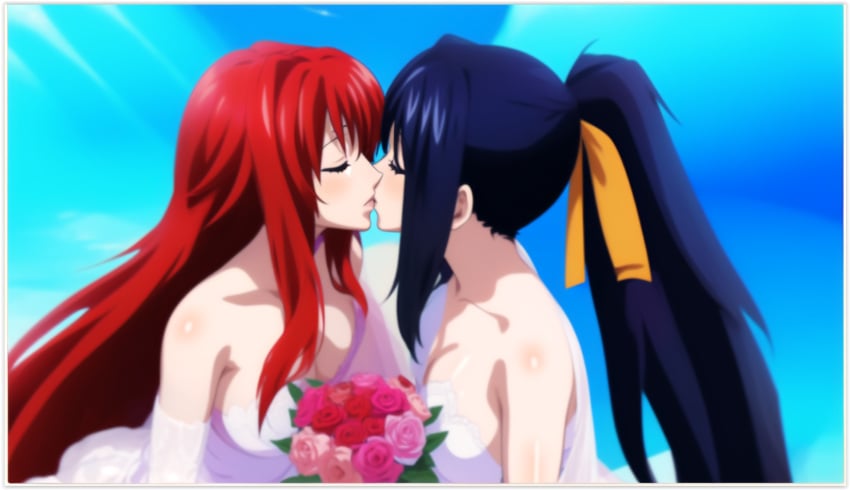 2girls ai_generated akeno_himejima bride girl_on_girl high_school_dxd kissing lesbian_couple lesbian_kiss lovers marriage rias_gremory yuri yuri yuri