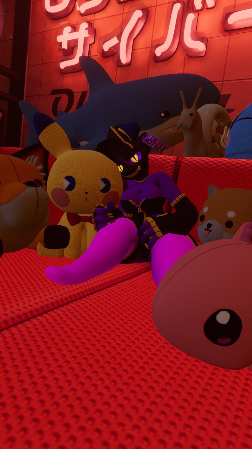 axolotl_plushie banette blahaj boob_window fox_plushie leaning_on_object plushie-like plushie_pile plushification pokemon staring_at_viewer stockings vrchat vrchat_avatar zipper_pull_tab