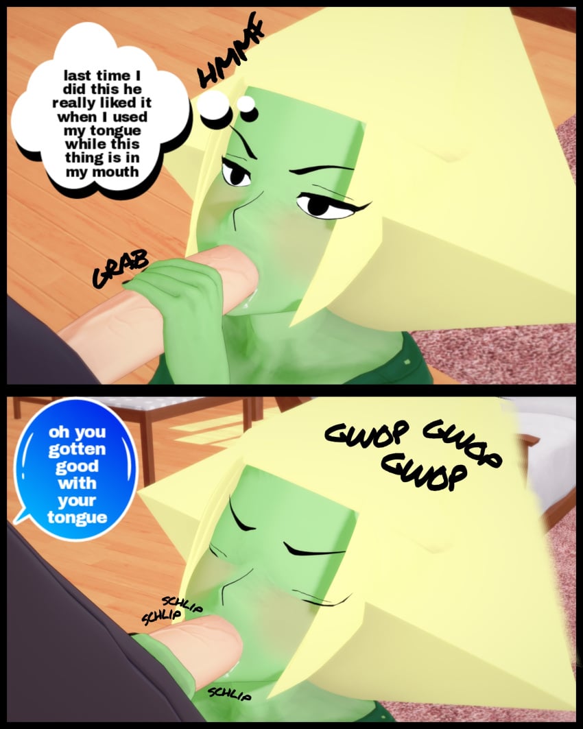 3d big_cock big_penis blowjob closed_eyes crystal_gem green_skin hand_on_penis interspecies living_room looking_up male/female peridot_(steven_universe) soiacalmanienti steven_universe veiny_penis