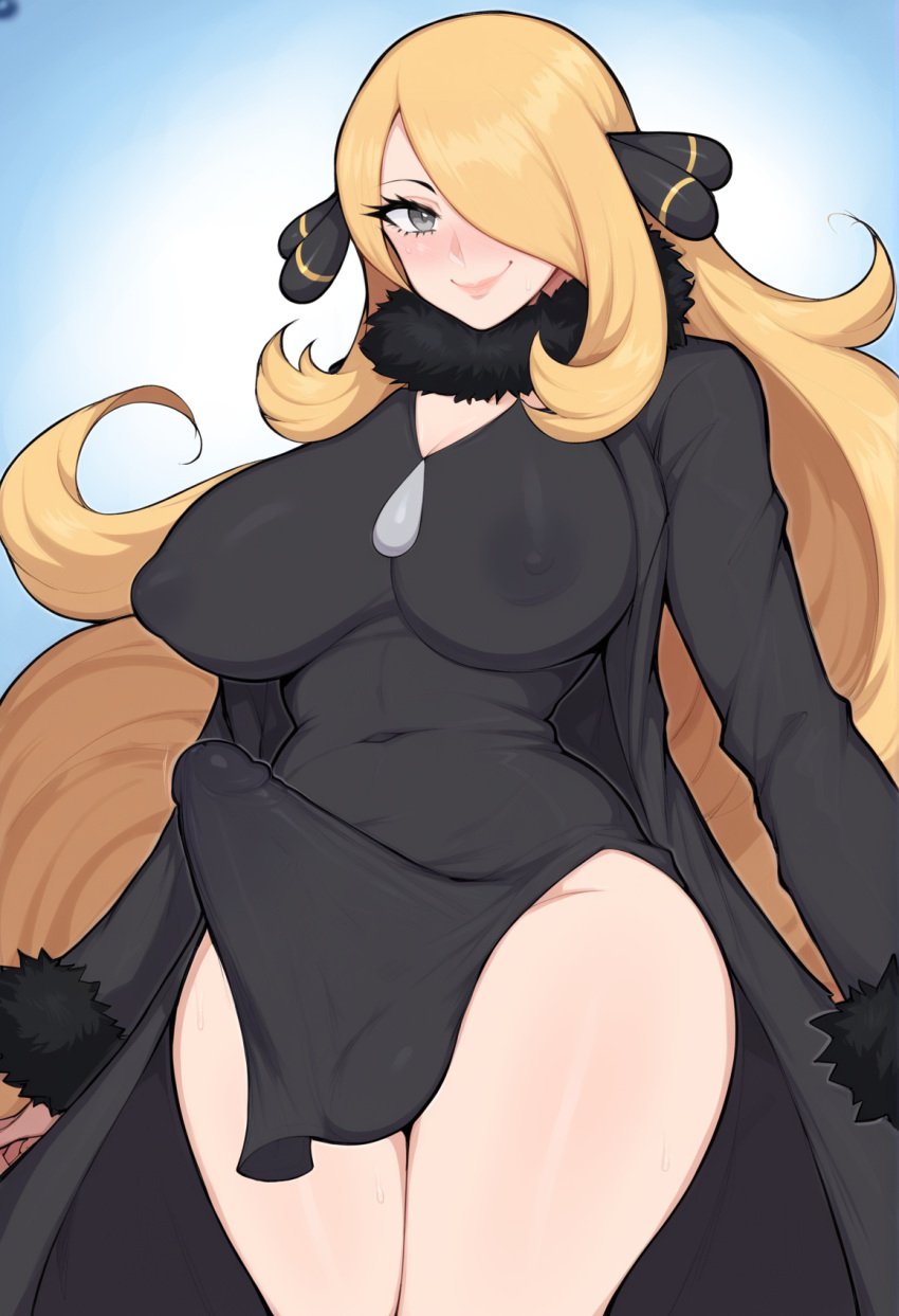 afrobull_(style) ai_generated arms_at_sides balls bangs big_breasts big_cock big_dick big_penis black_dress blonde_hair blush blushing breasts cleavage cleavage_cutout cock cynthia_(pokemon) dick dickgirl dress erection erection_under_clothes erection_under_dress futa_milf futa_mommy futa_only futanari grey_eyes hair_over_one_eye hips_wider_than_shoulders large_breasts large_penis large_thighs long_hair looking_at_viewer milf nipples nipples_visible_through_clothing penis precum precum_drip precum_through_clothing smile solo solo_futa solo_futanari sweat swept_bangs testicles thick_thighs thighs wide_hips