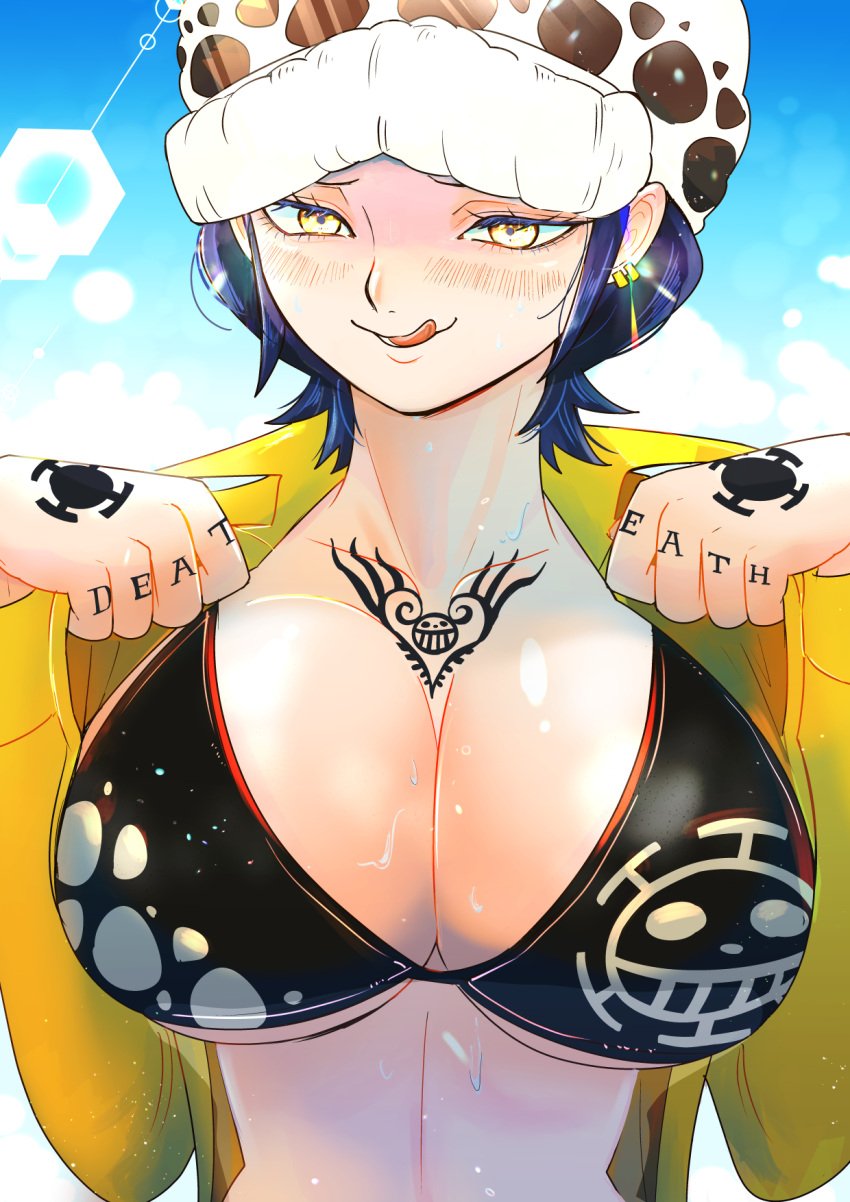 big_breasts bikini black_bikini black_hair blush canon_genderswap chest_tattoo cleavage clothing female female_only genderswap_(mtf) hand_tattoo hat headgear headwear huge_breasts looking_at_viewer one_piece open_shirt rule_63 short_hair smile solo tattoo tattoos tongue_out trafalgar_law trafalgar_law_(female) tsutei underboob undressing upper_body yellow_eyes