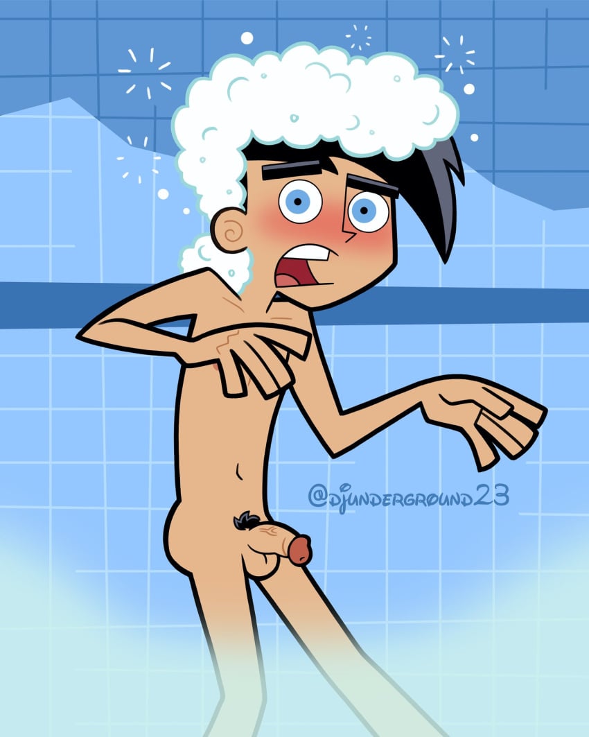 1boy balls black_hair blue_eyes blush danny_fenton danny_phantom djunderground123 embarrassed_nude_male flaccid male male_pubic_hair naked only penis shower solo_male